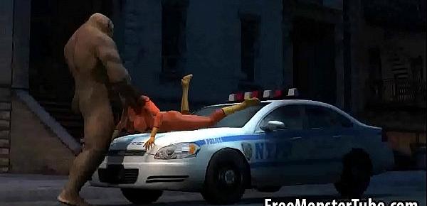  Hot 3D babe lays on a cop car and sucks a monsters cock